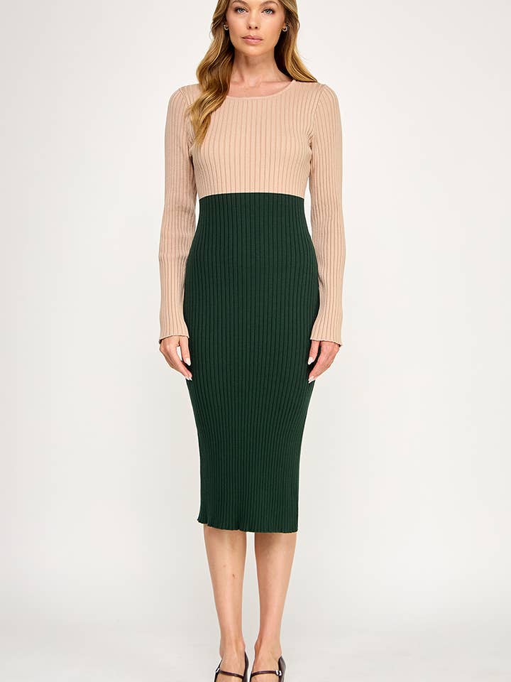 Color Block Ribbed Knit Midi Dress with Side Slit Taupe Grn for wholesale by AIBLEE