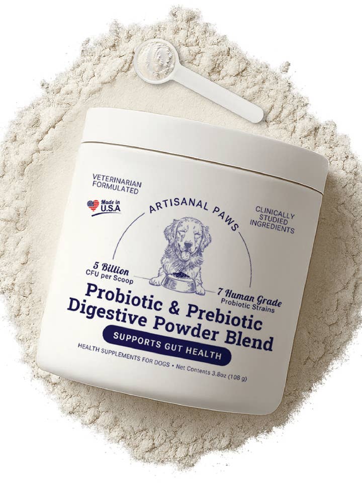 Mélange de poudre digestive probiotique et prébiotique pour chiens pour la vente par Artisanal Paws