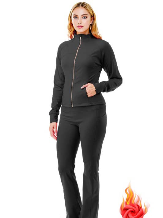 Fleece lined define gold zipper jacket with flare pants set for wholesale by Color 5