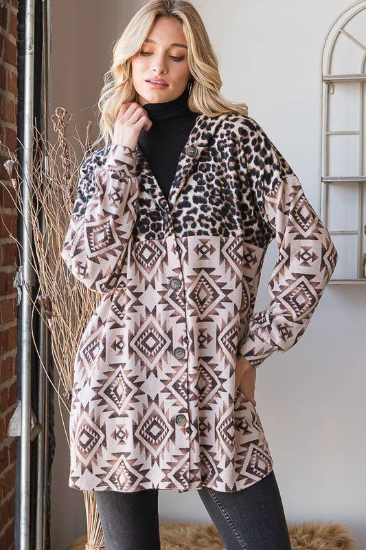 BROWN TAUPE EJ6720-15 AZTEC AND ANIMAL LEOPARD BUTTON DOWN SHACKET for wholesale on Faire9