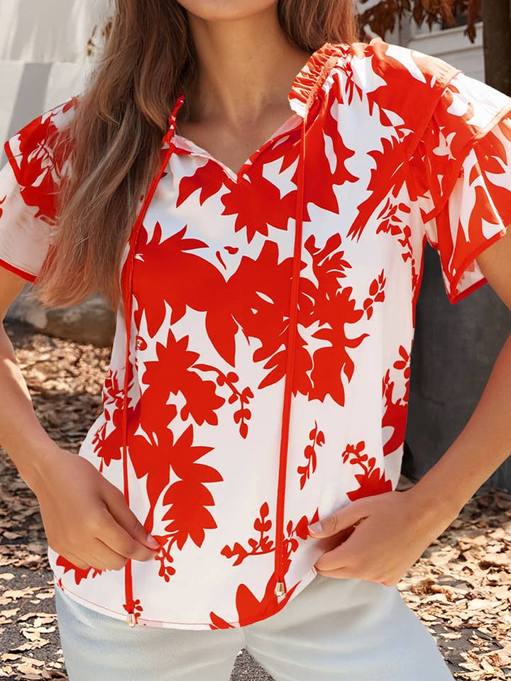 Plant Print Tiered Ruffled Sleeve V Neck Blouse (S-XL) for wholesale by 66DISCO
