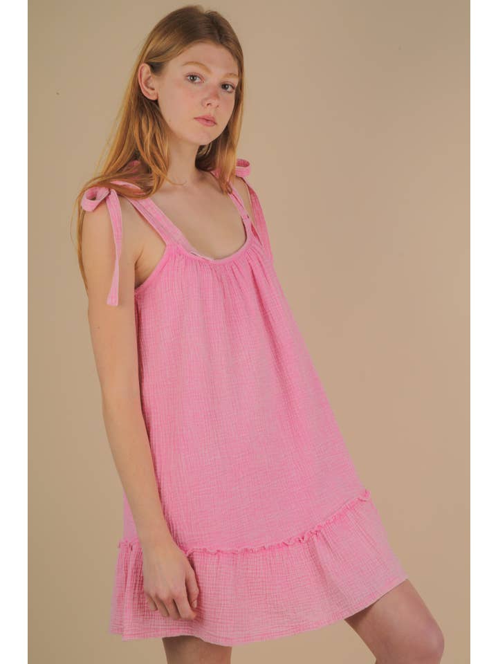 VERY J - Wholesale Dress - Women's - ND31743-Mineral Washed Shoulder Tie Mini Dress