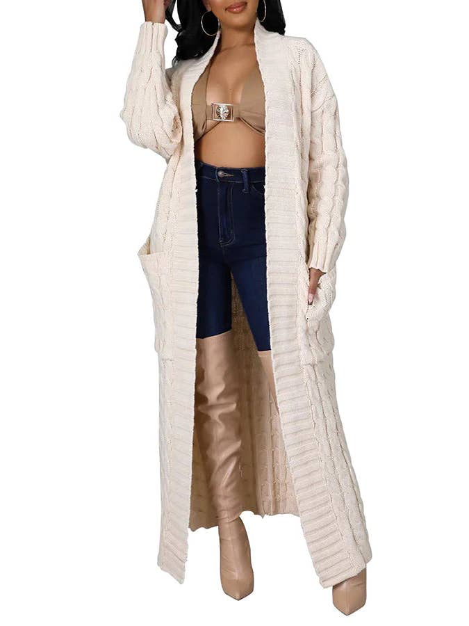 MB Fashion Wholesale - Wholesale Cardigan - Women's - MB FASHION Cable-Knit Long Cardigan with Pockets 073AT5