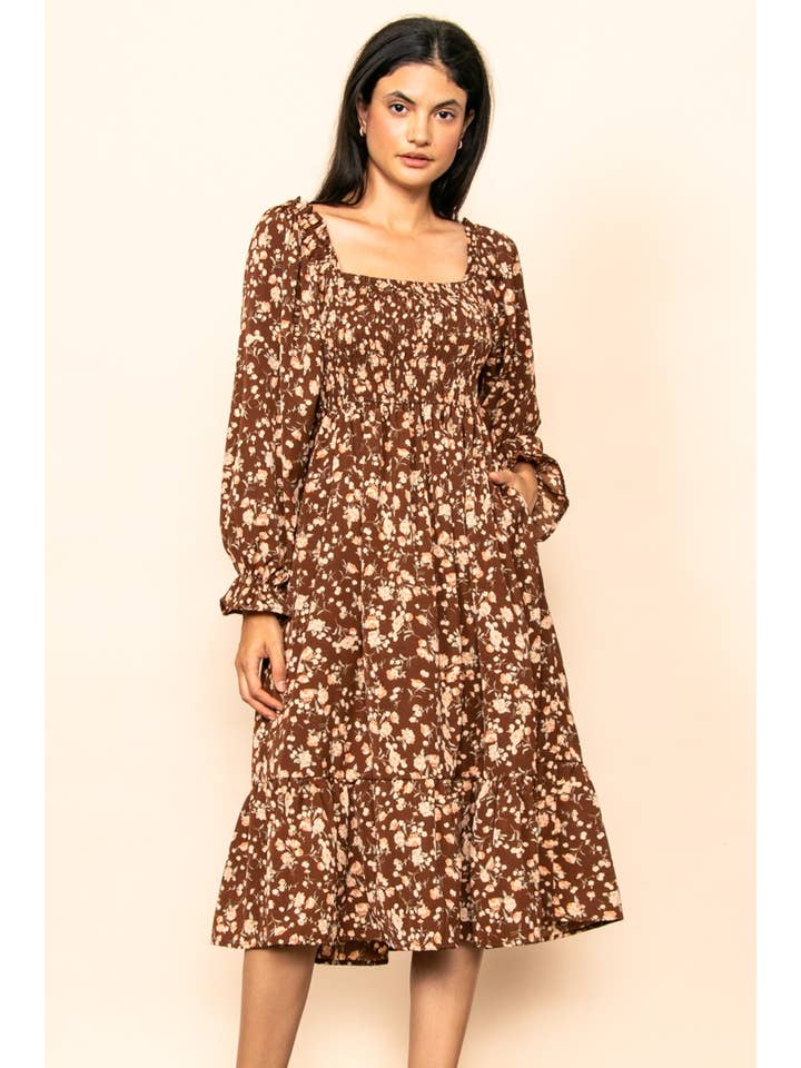 Elloh Collection - Wholesale Dress - Women's - Vintage Floral Smocked Long Sleeve Midi Dress with Pockets