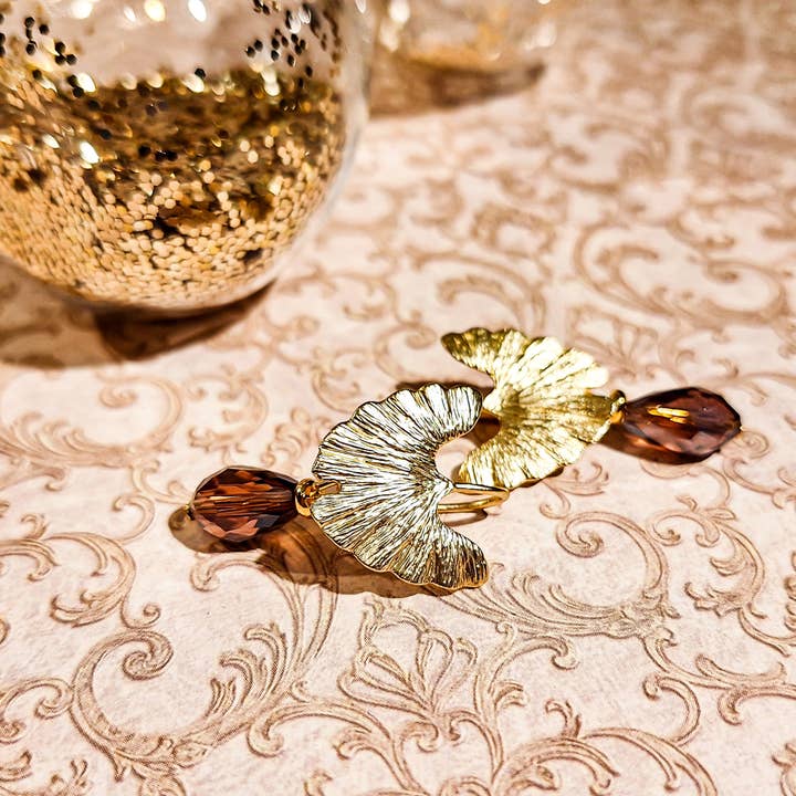 Lydée Déco - Wholesale Dangle Earrings - Ginkgo leaf earrings with faceted drops3