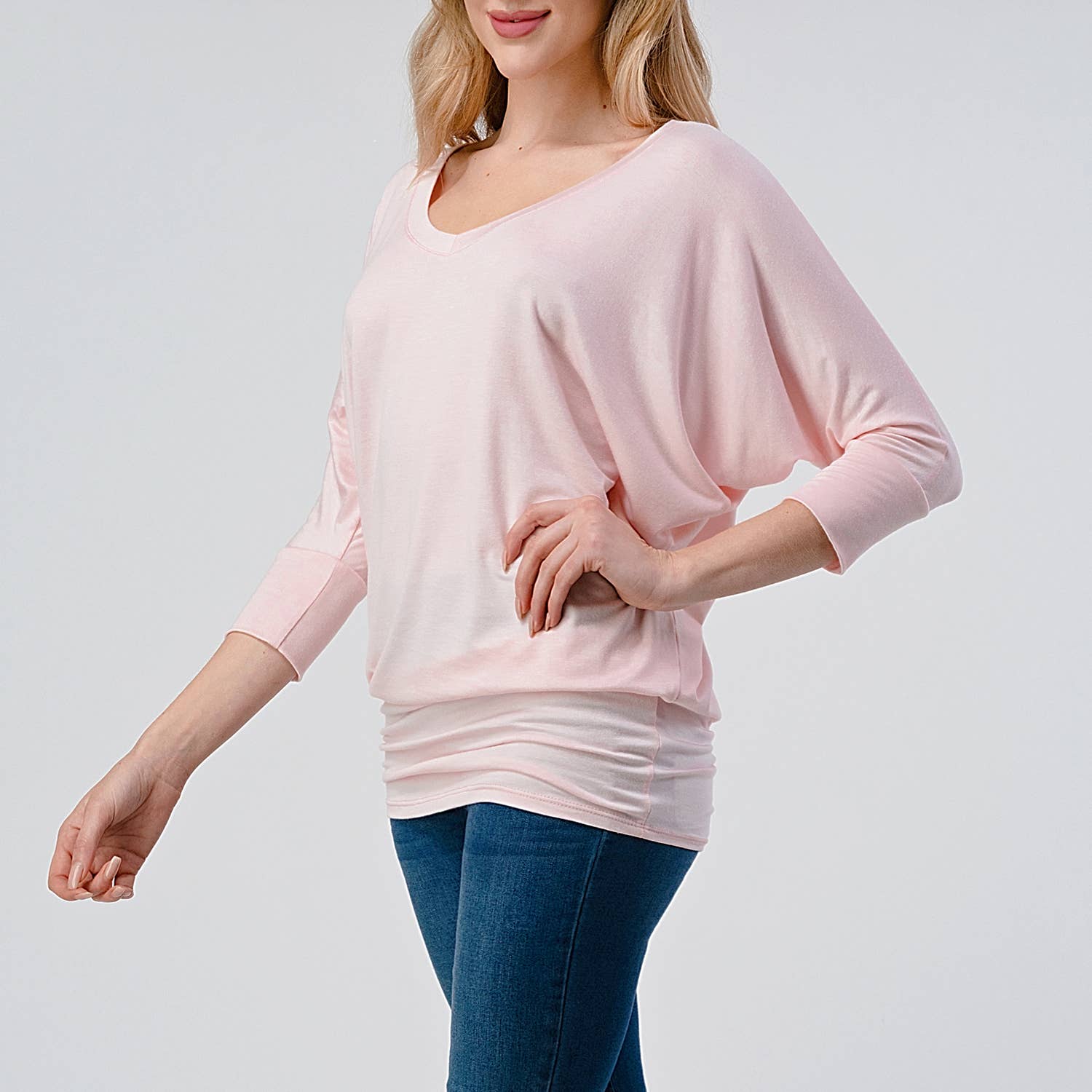 Heimious - Wholesale Knit Top - Women's - 3/4 Dolman Sleeve V-neck Modal Jersey Top, 2573101