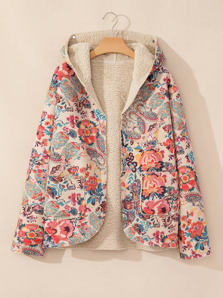 As Shown Vintage Paisley Floral Printed Sherpa Lined Hooded Jacket for wholesale on Faire7