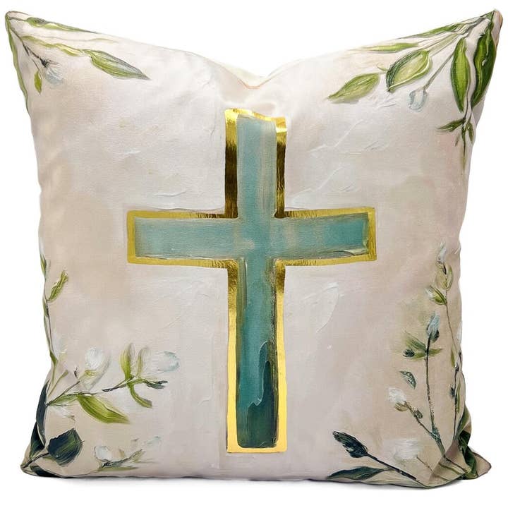 Gold Foil Painted Teal Cross Pillow for wholesale by Rachel Brooks Design, LLC