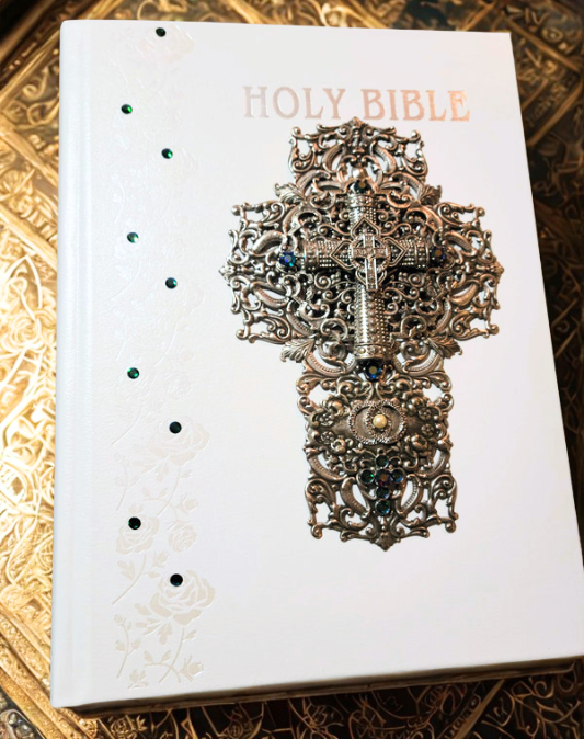 DeMartineau - Wholesale Religion Book - NABre Jeweled Catholic Wedding Bible-White with Blue/green stones1