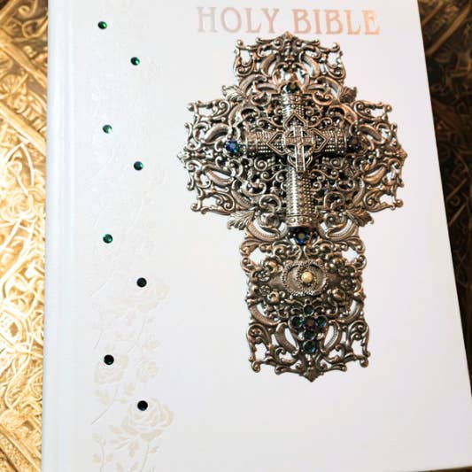 DeMartineau - Wholesale Religion Book - NABre Jeweled Catholic Wedding Bible-White with Blue/green stones1