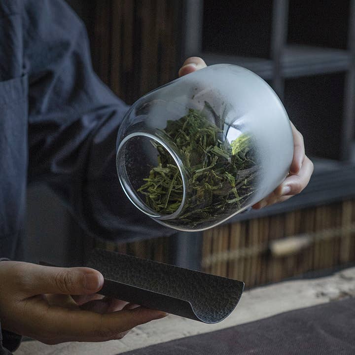 Gohobi – Großhandel Lebensmittelbehälter – Gohobi Teedose aus Glas mit grauem Schirm, groß