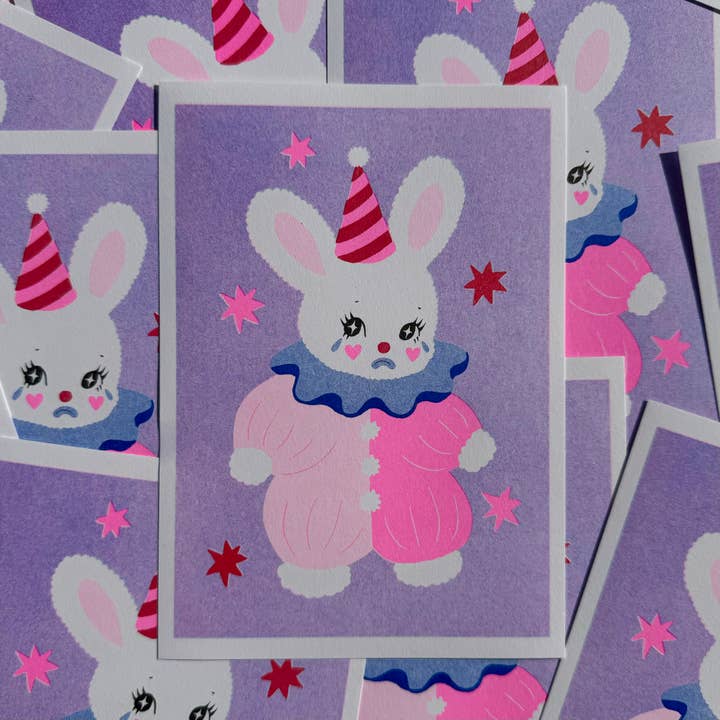 Amy Hastings – wholesale Art print – Clown Bunny A5 Risograph Print1