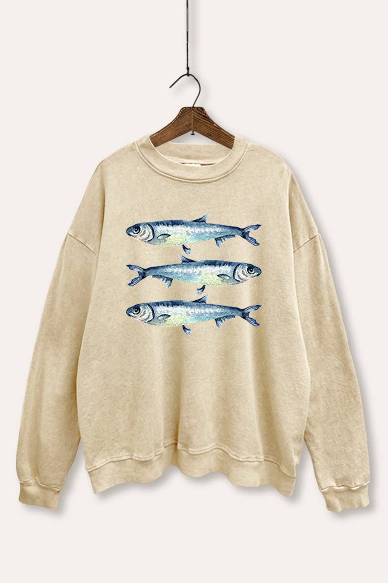 VINTAGE POINT USA – Engroshandel Grafisk Sweatshirt - Dame – TRE SARDINER GRAFISK MINERALVASKET SWEATSHIRT3