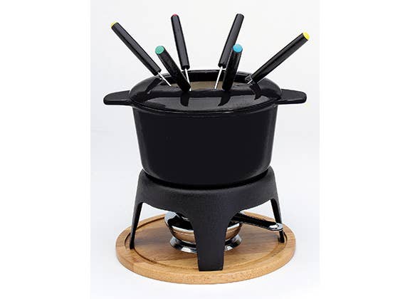 Svart Fondue Set i Svart Gjutjärn med Träbricka - 6 Pers. för wholesale på Faire5