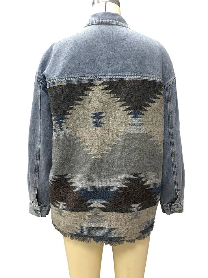 Rosa Clothing - Wholesale Denim Jacket - Women's - Vintage Ethnic AZTEC patchwork oversized denim jacket3