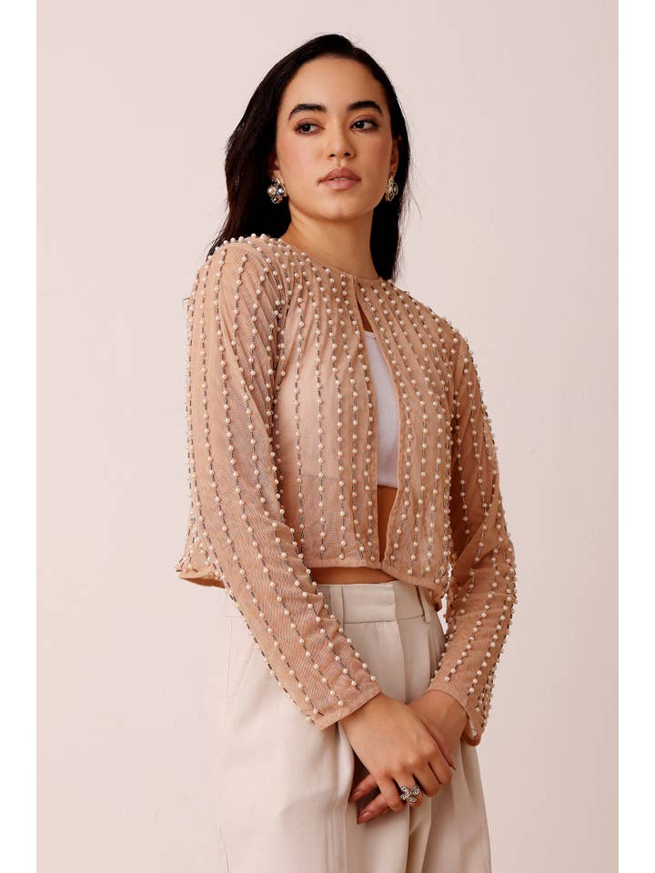 Pearl Embellished Sheer Cropped Jacket in Beige for wholesale on Faire5