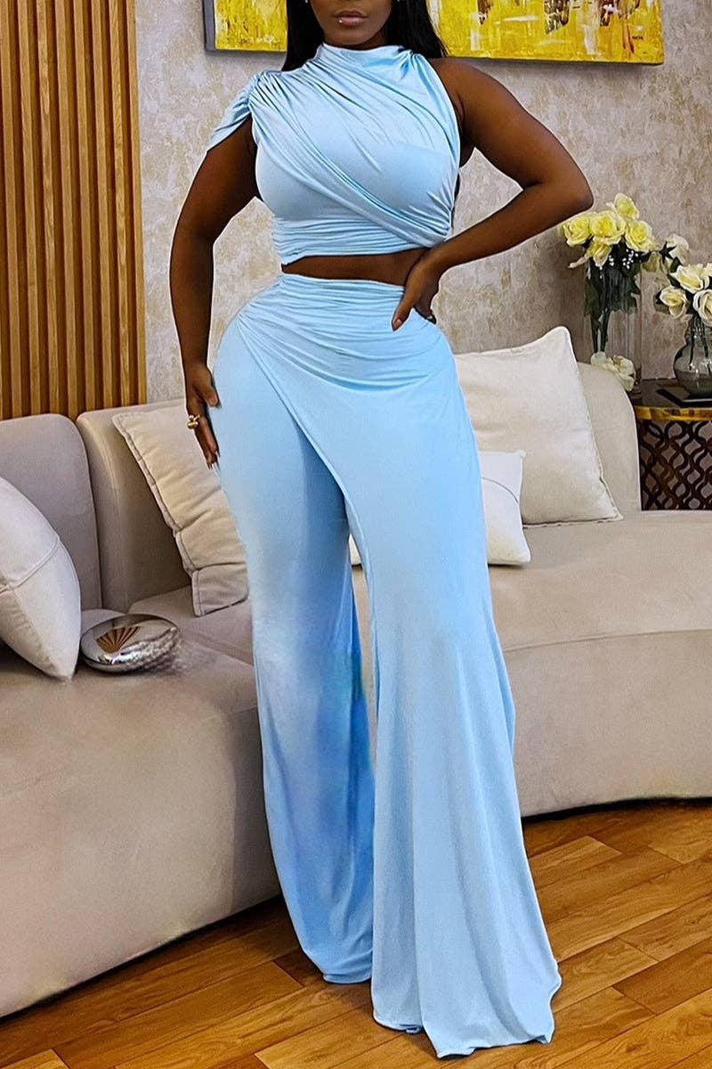 BLUE Draped Halter Top and Wide-Leg Pants Set for wholesale on Faire0
