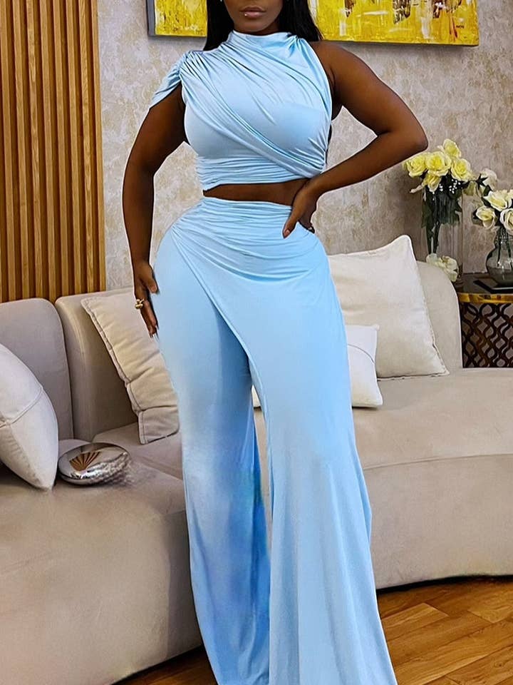 BLUE Draped Halter Top and Wide-Leg Pants Set for wholesale on Faire0