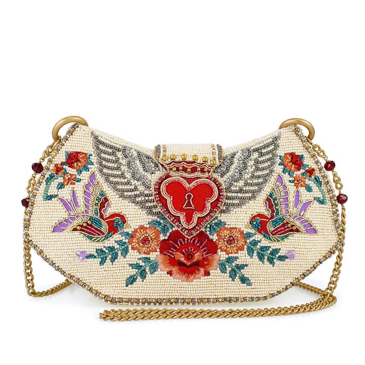 Keepsake Beaded Heart Wings and Lock Crossbody Handbag for wholesale by Mary Frances Accessories