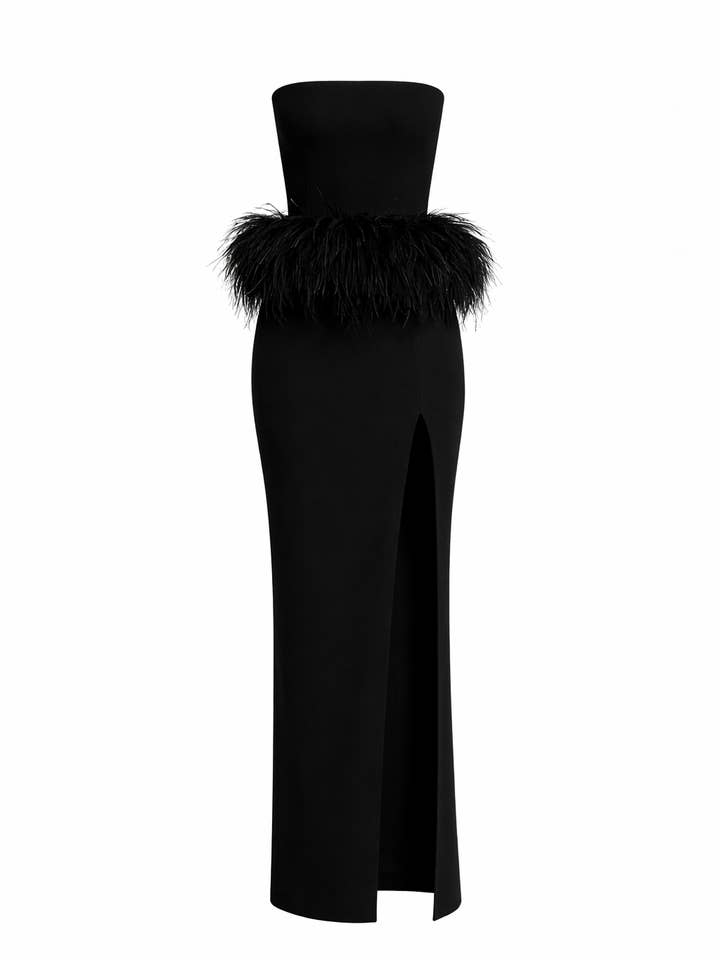 Aurel Gown – Black Velvet Dress with Ostrich Feathers for wholesale by NANA GOTTI