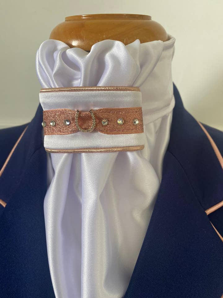 HHD White Satin Euro Dressage Stock Tie ‘Tomi’ Rose Gold with Swarovski Elements for wholesale by Heavenly Horse Designs