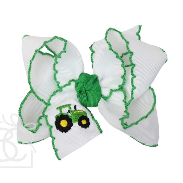 EMBROIDERED EMERALD TRACTOR HAIR BOW ON ALLIGATOR CLIP for wholesale by Beyond Creations, LLC
