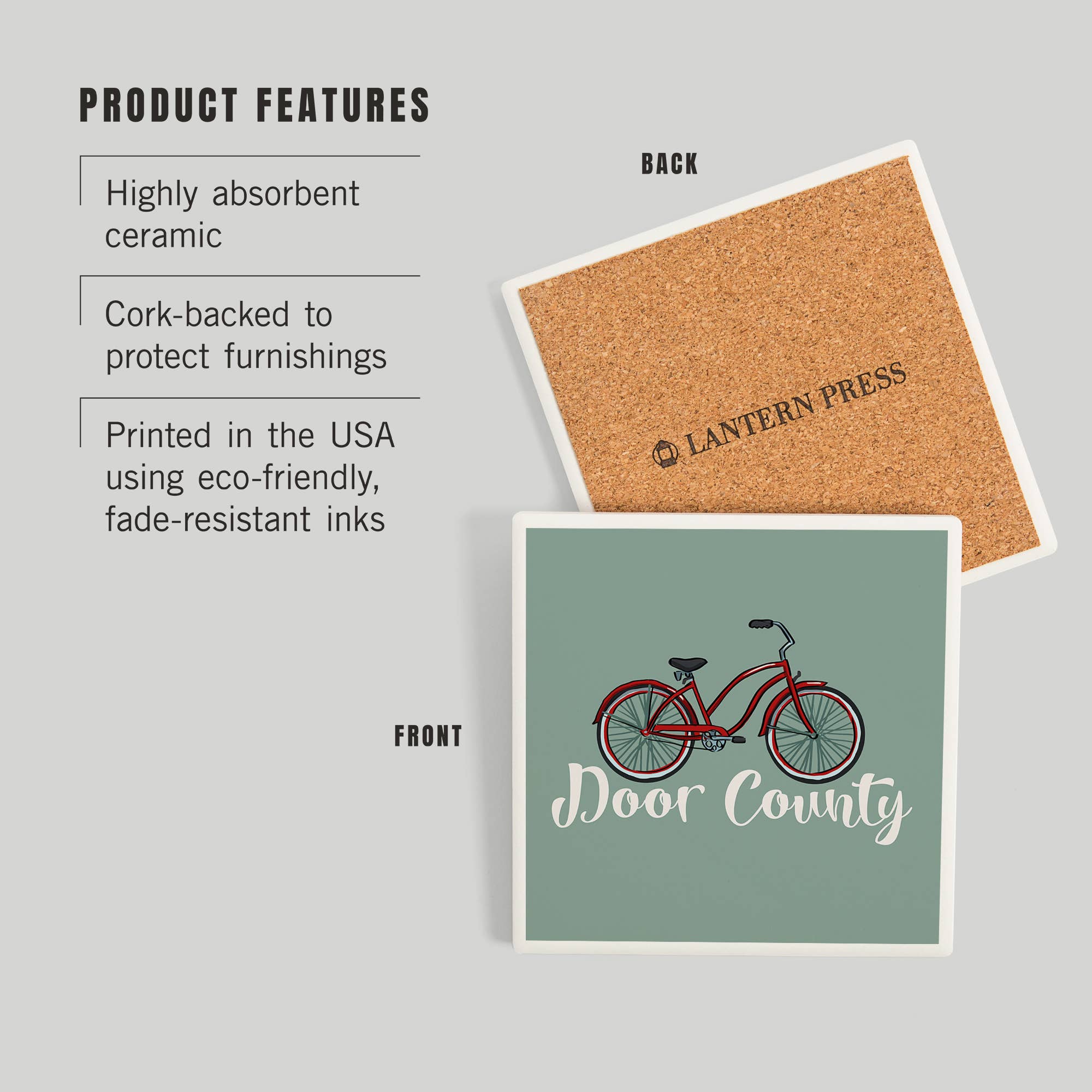 Lantern Press – wholesale Coasters – CERAMIC COASTER Door County, Wisconsin Beach Cruiser Bike2
