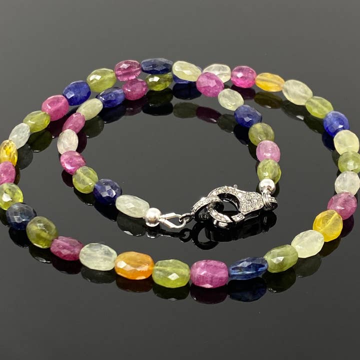 17,15 „echte Multi-Saphir-Halskette mit Pavé-Diamant-Verschluss, natürliche Multi-Saphir-Halskette, AAA-Klasse, Geschenke für Sie für den Großhandel von Akstar Gems