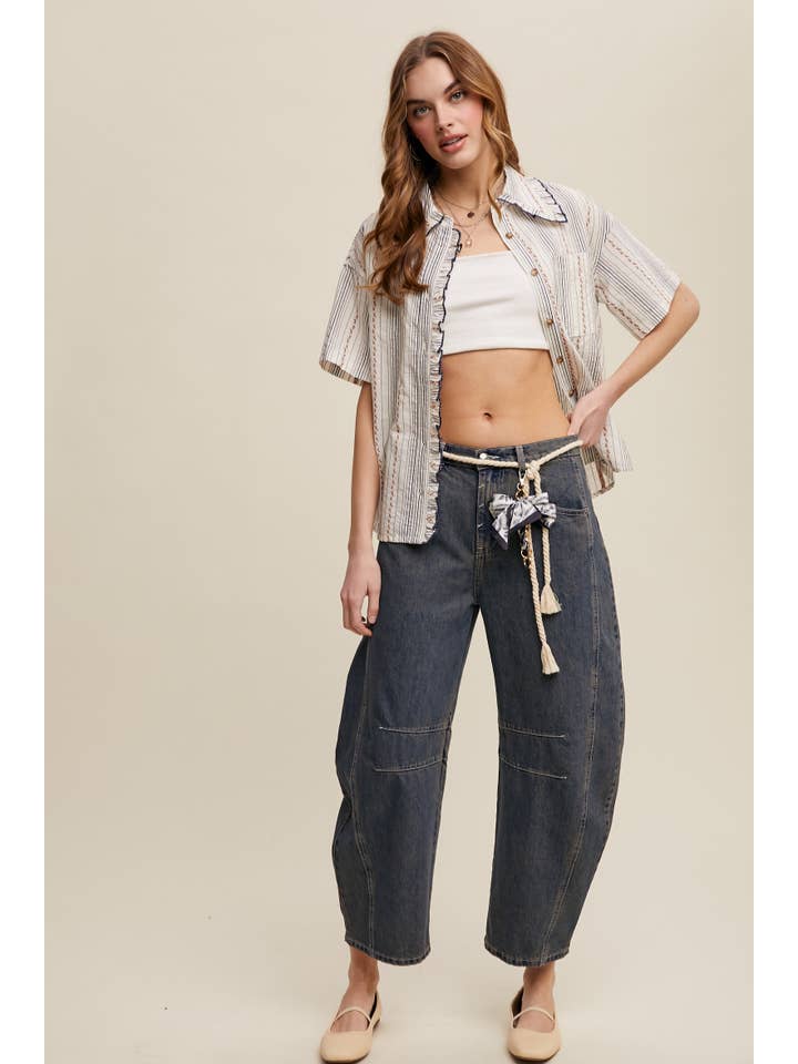 Listicle - Wholesale Button Down Shirt - Women's - Striped Embroidered Button-Down Blouse8