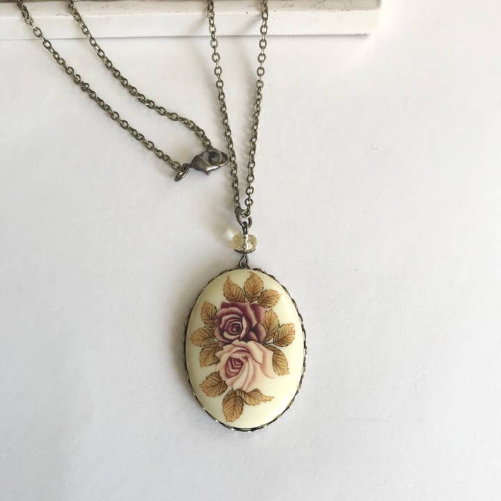 Botanical Bird - Wholesale Pendant/Charm Necklace - Rose cameo necklace, vintage porcelain cabochon pendant, 24"