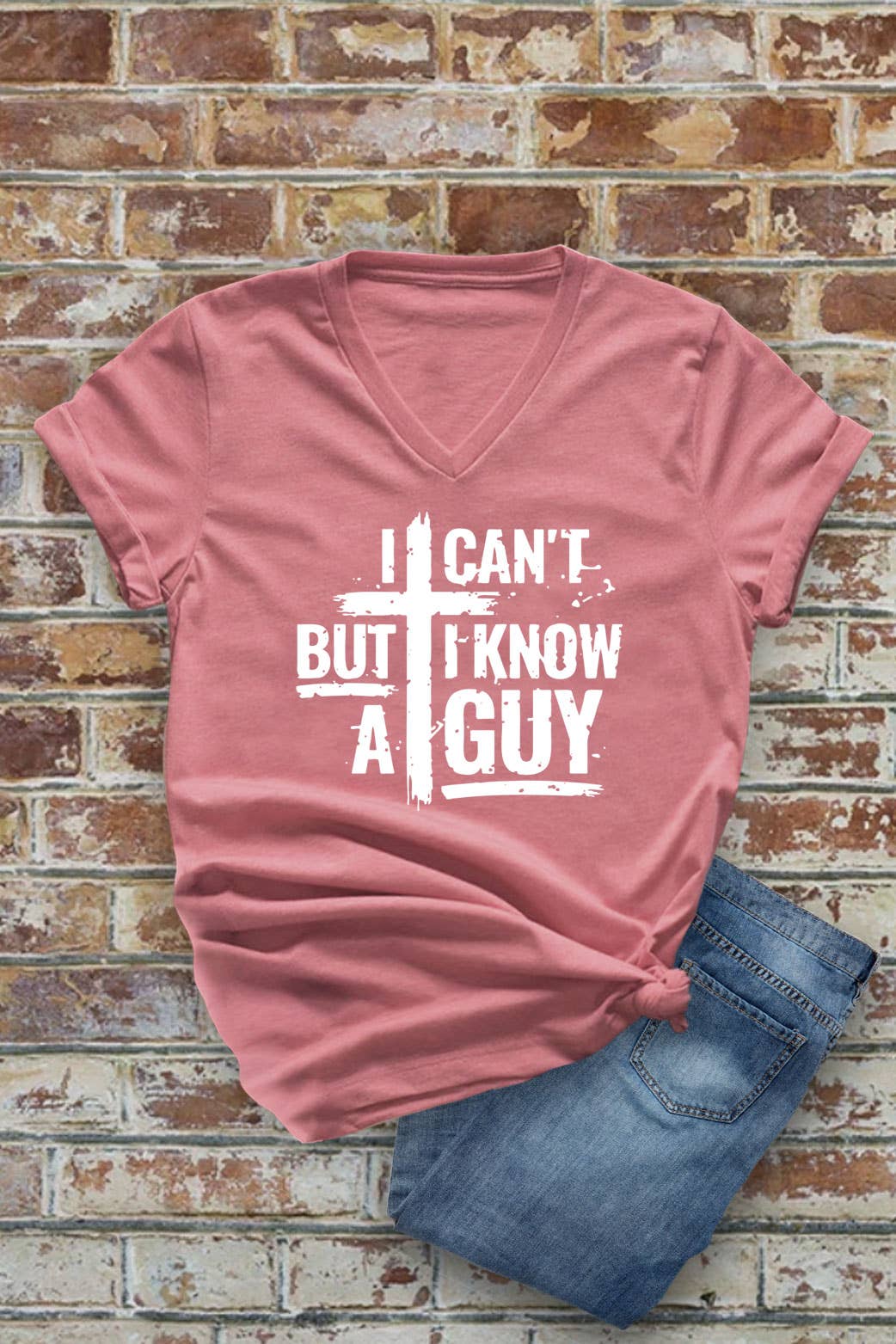 Top Avenue - Wholesale Screen Printed T-Shirt - Women's - I Cant But I Know A Guy Distressed Cross, Unisex V-Neck T-Shirt3