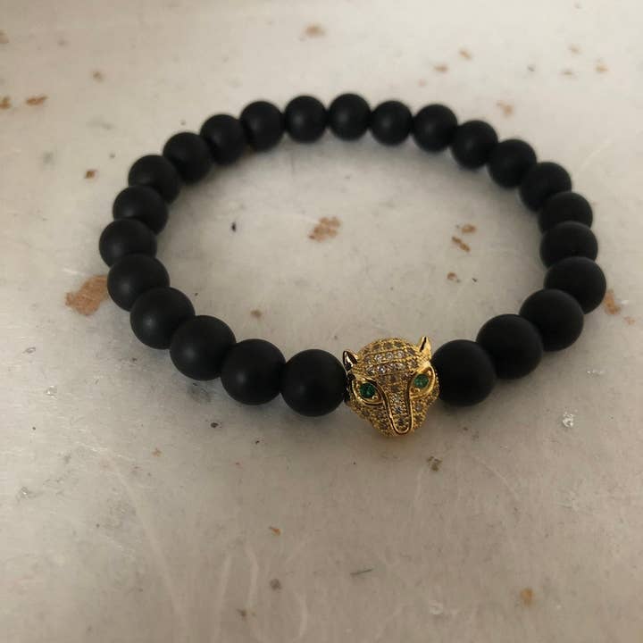 Matte Black Gold Panther Head CZ Bead Bracelet for wholesale by Roshni Desai & Things