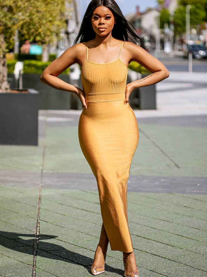 Mustard Ribbed Strappy Maxi Bandage Dress for wholesale by SETSOFRAN London