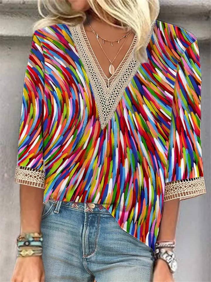 Flarix - Wholesale Blouse - Women's - dot lace trims print sleeve casual basic v neck