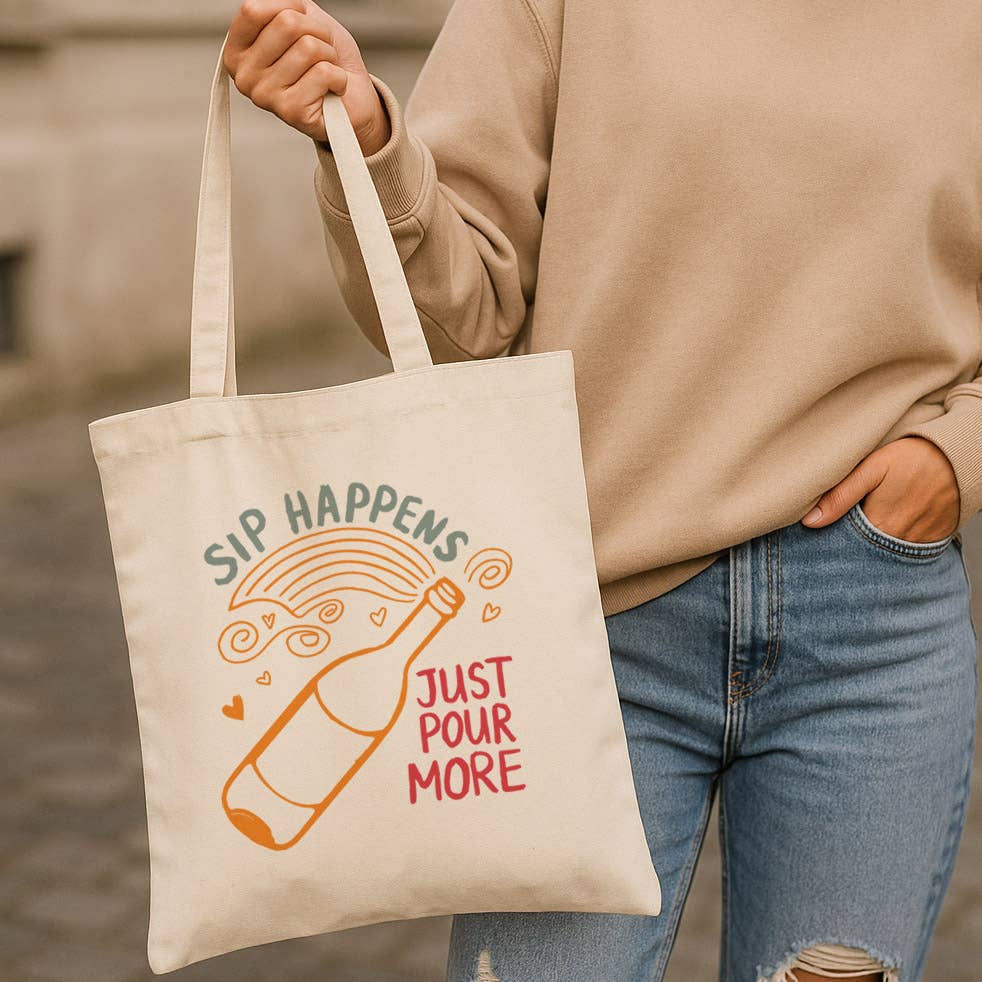DaisyChainDesignCo – wholesale Tote bag – Women's – Sip Happens Wine Canvas Tote Bag 0