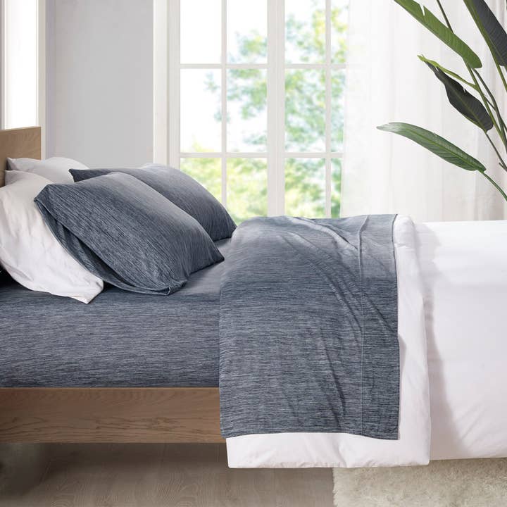 Heathered Jersey Knit Nylon Blend Cool Sheet Set, Navy for wholesale by Olliix