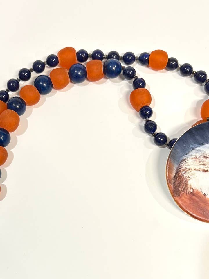 Hand-Painted Porcelain Pendant Necklace – Orange & Blue Beaded for wholesale by Mona H Paintings