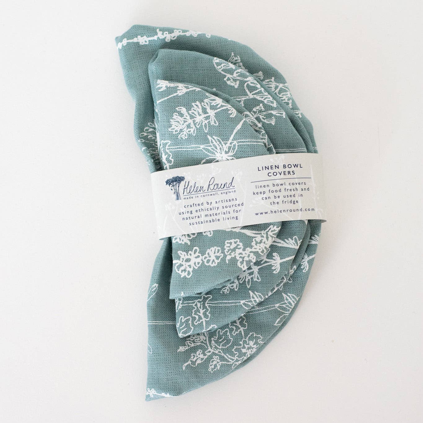 Helen Round - hand printed linen and bamboo wellness - Wholesale Food Storage Wrap/Bag - Reusable Bowl Covers, Set of 3, Handprinted With Flowers3