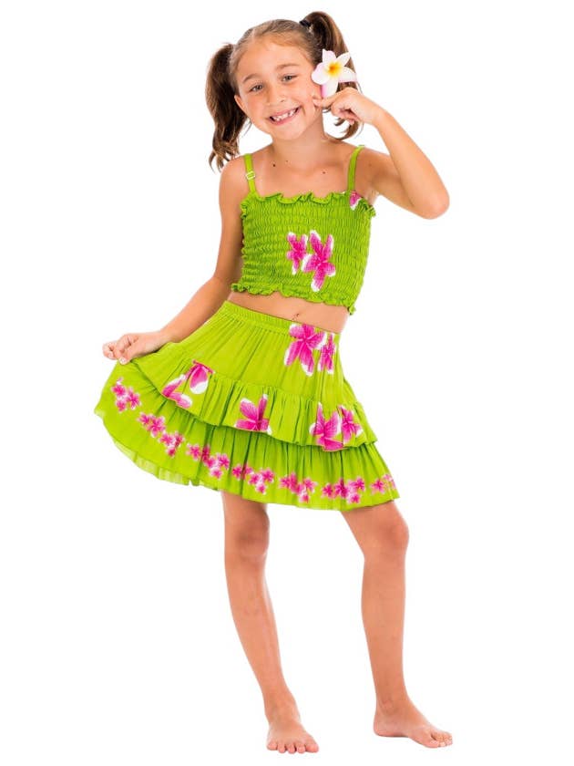 Plumeria Floral Print Elastic Top & Skirt Girl's Set for wholesale by DK Hawaii
