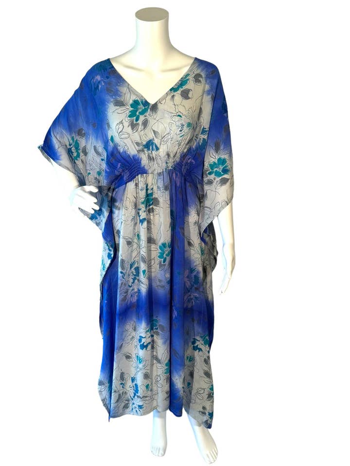 KF-128 - Blue Gardens - Long Silk Kaftan XS for wholesale by Silk Ranch