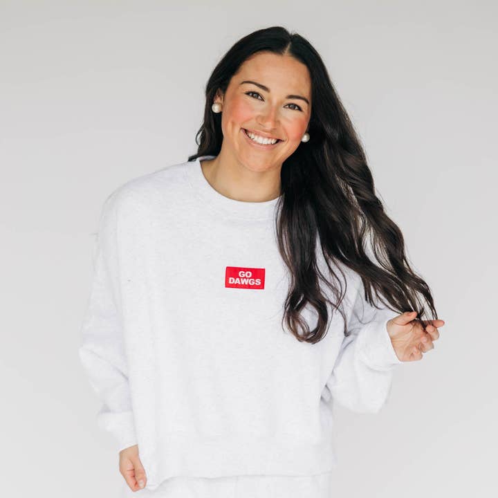 The Becca Boxy Crewneck Go Dawgs Woven Label | Ash for wholesale by Scarlet & Gold