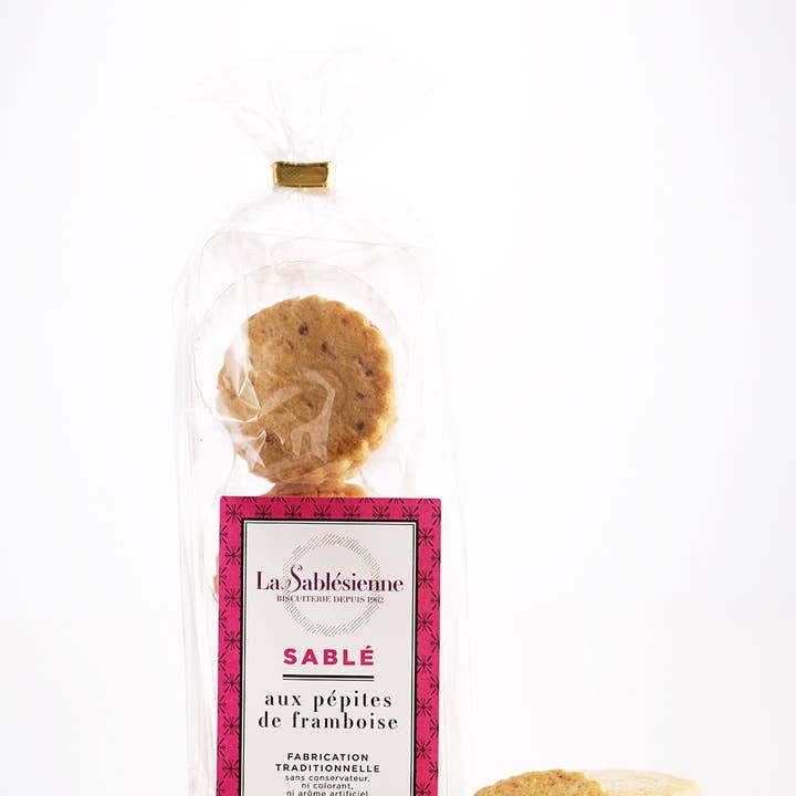 Biscuits sablés pépites de framboise - sachet 125 g pour la vente par LA SABLESIENNE