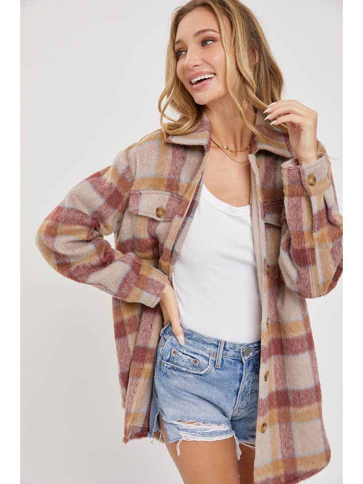 MAUVE BURGUNDY OUTERWEAR CLASSIC PLAID SHACKET/JACKET for wholesale on Faire6