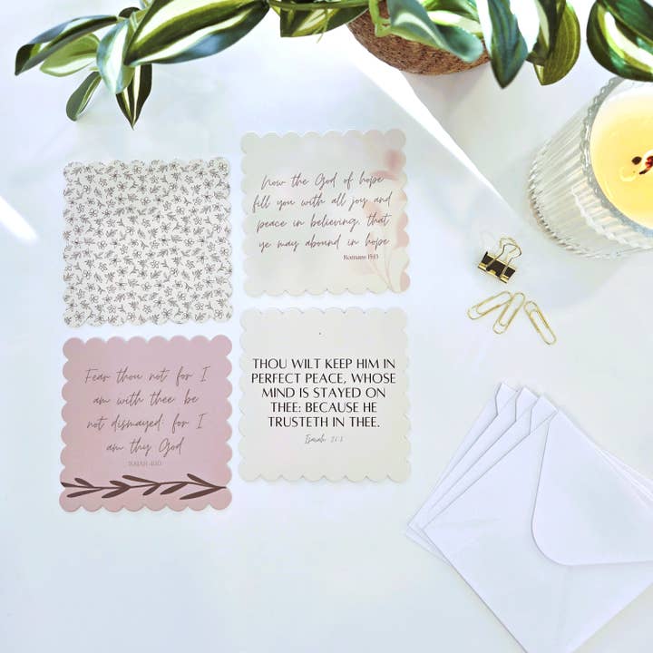 Dusty Rose Bible Verse Scalloped Edge Notecard Set | 4 ct for wholesale by Pearls of Parchment