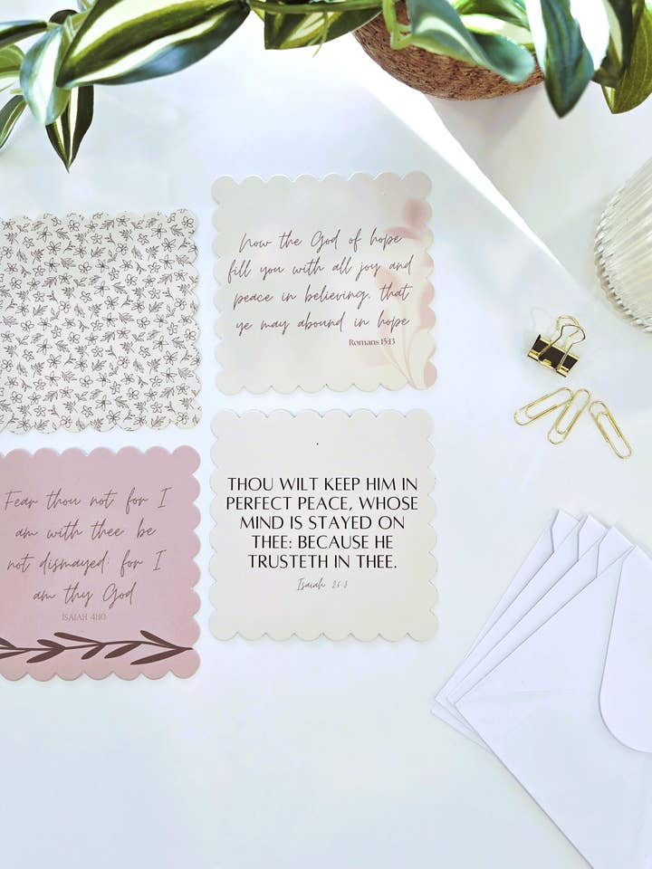 Dusty Rose Bible Verse Scalloped Edge Notecard Set | 4 ct for wholesale by Pearls of Parchment