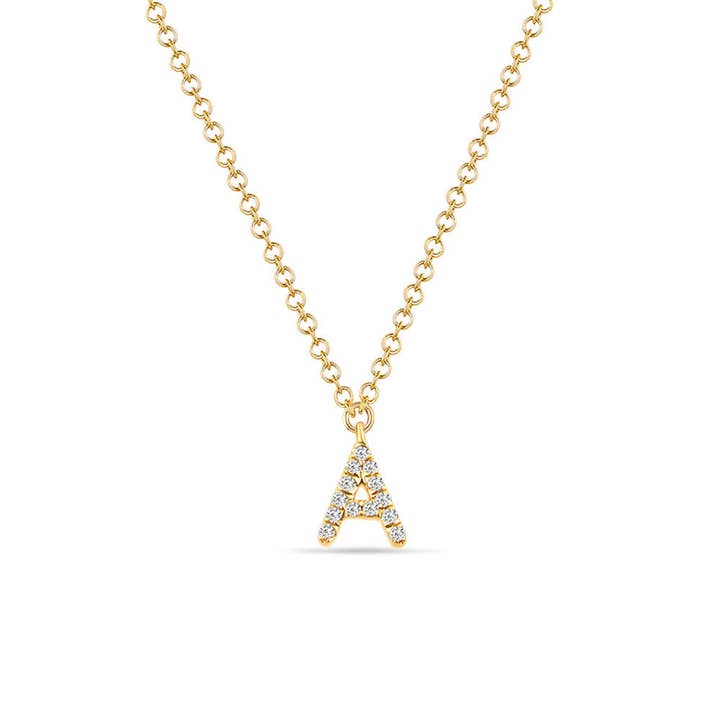Collana con lettera “A” in oro giallo 14k con diamanti per la vendita all'ingrosso da parte di Leaf Jewelry