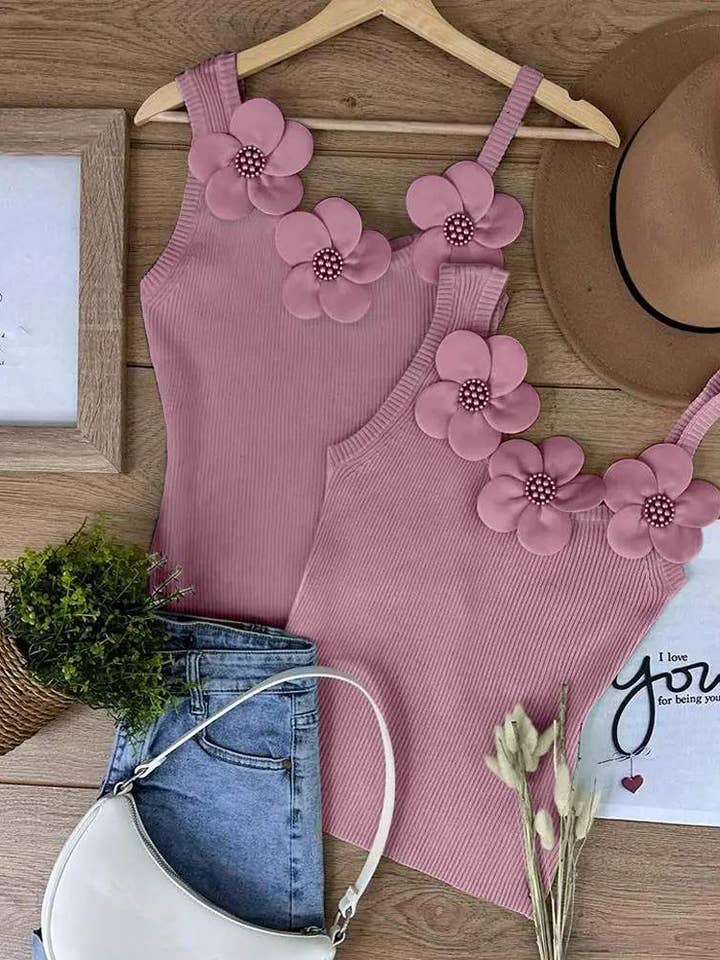 floral pattern beaded knit tank top for wholesale by Fashion Combination