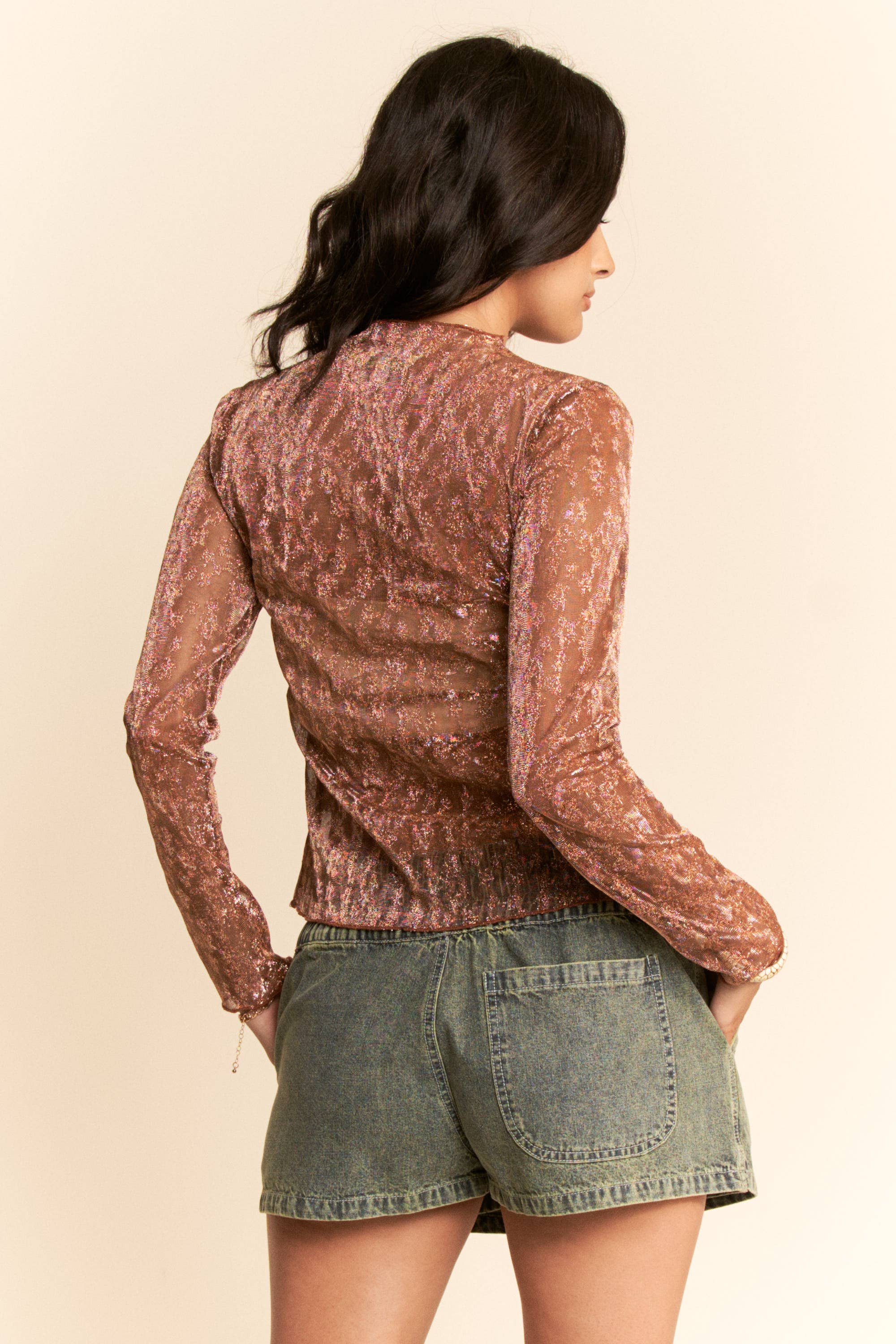 Davi & Dani - Vendita all'ingrosso Top in maglia - Donna - TOP A MANICHE LUNGHE IN TESSUTO METALLICO TRASPARENTE PLUS2