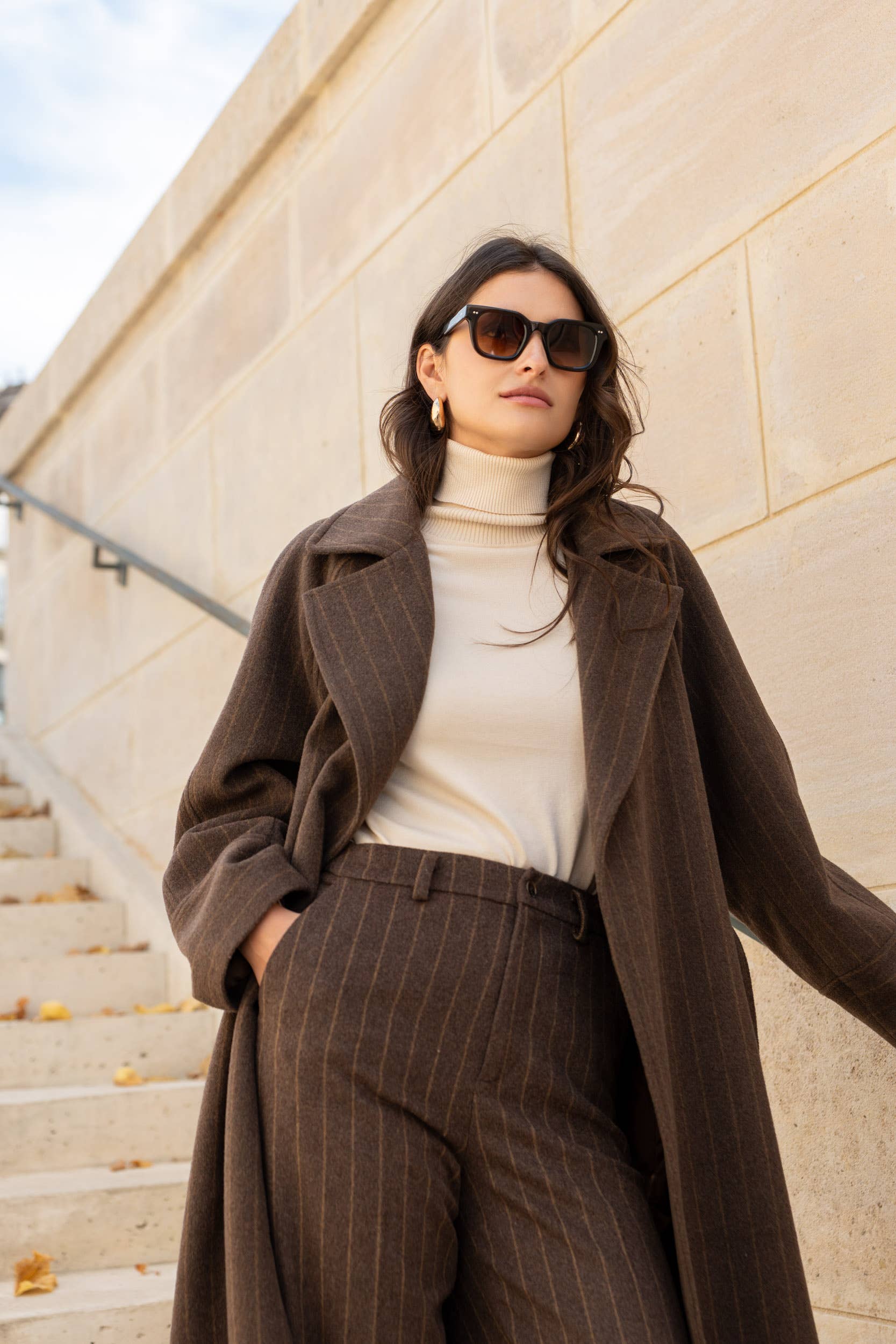 Attentif Paris - Wholesale Coat - Women's - Long coat in fine striped wool blend7