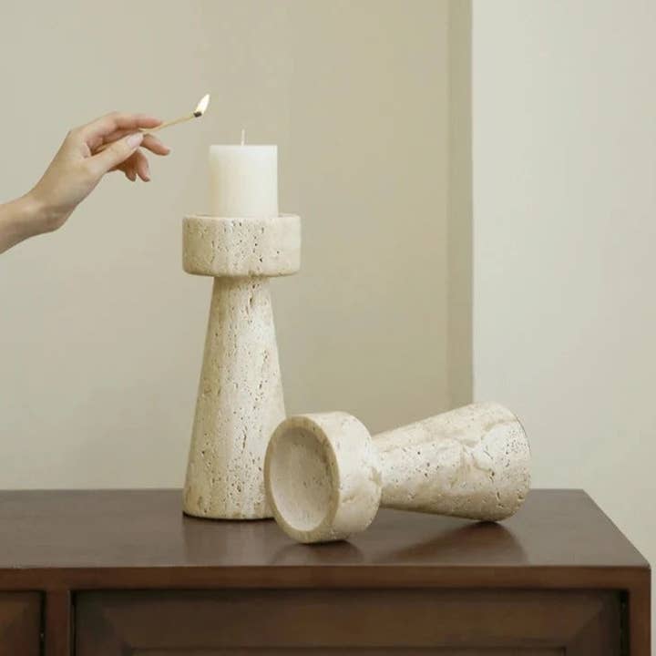 BRECK + FOX - Wholesale Candle Holder - Faux Travertine Stone Candle Holder